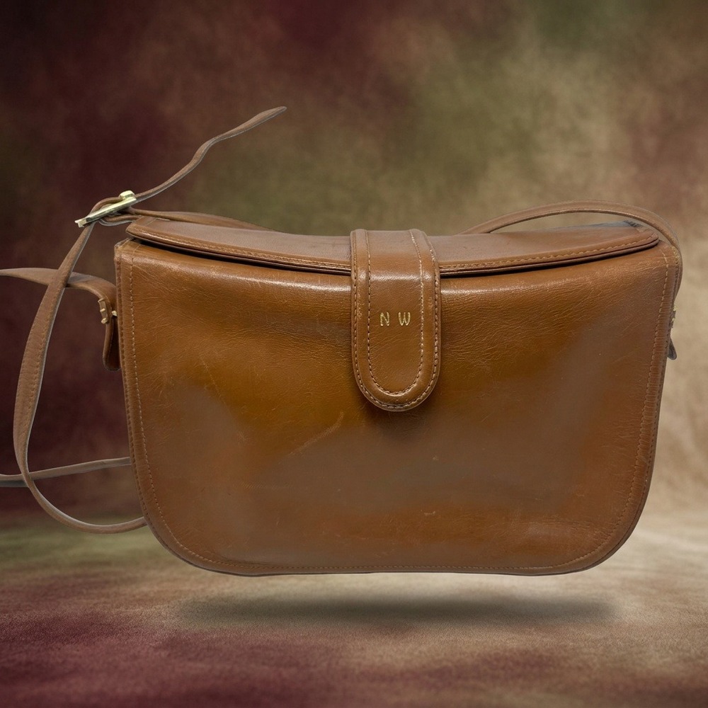 Ganson Vintage Cognac Brown Leather Saddle Crossbody Bag NW Initials Gold